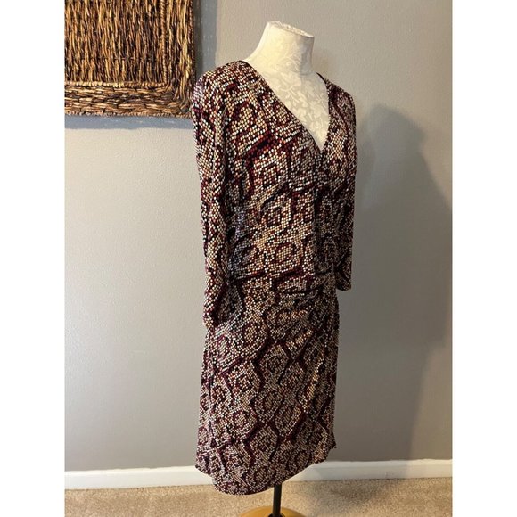 Laundry Design Faux Wrap Dress Stretch Career Church Washble Burgundy Orange Tan - Picture 8 of 13